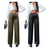 Women Pants Mid-rise Solid Color Loose Fit Wide Leg Design Long Trousers Smooth Satin Casual Trousers Daily Wear