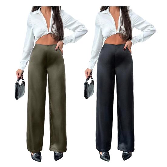Women Pants Mid-rise Solid Color Loose Fit Wide Leg Design Long Trousers Smooth Satin Casual Trousers Daily Wear
