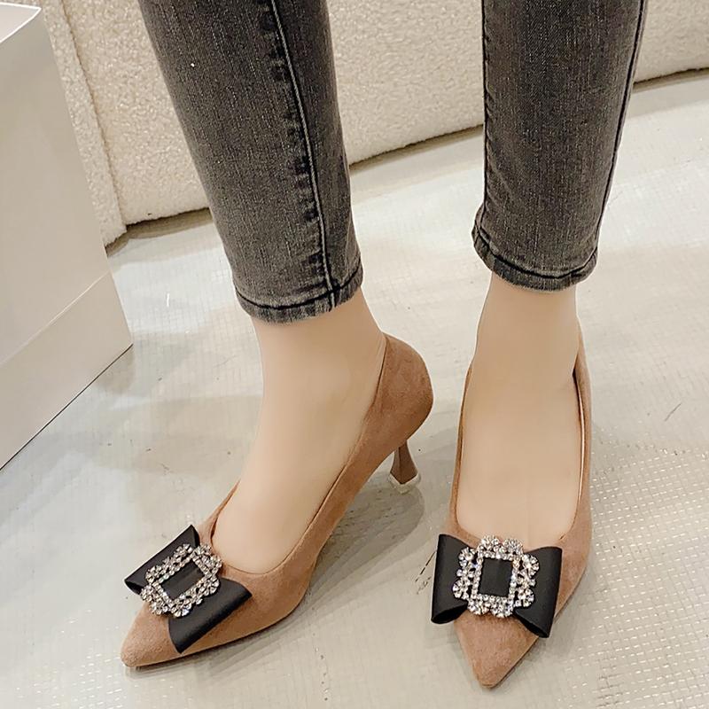 Fashion French Pointed Toe Rhinestone Heels Women's Fall New Shallow Slip-on Stiletto Plus-Size Professional Single Shoes