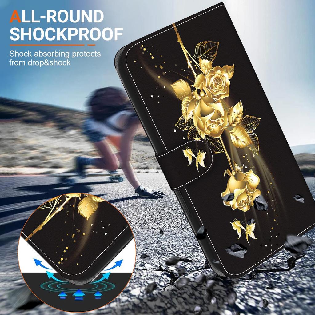 3D Abstract Art Painting Black Gold Rose Flower Leather Phone Wallet Case Book Stand For iPhone Girls Magnetic Card Flip Cover Bag AVE