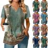 Womens Short Sleeve T Shirts Pleated V Neck Printing Tee Collared Summer Tops Fashion Business Casual Work