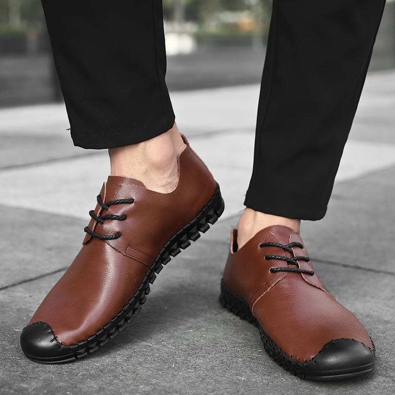 Men's Handmade Sewn Leather Shoes Comfortable Anti Slip Flat Bottom Daily Office Outdoor Leisure Walking Breathable Men's Shoes
