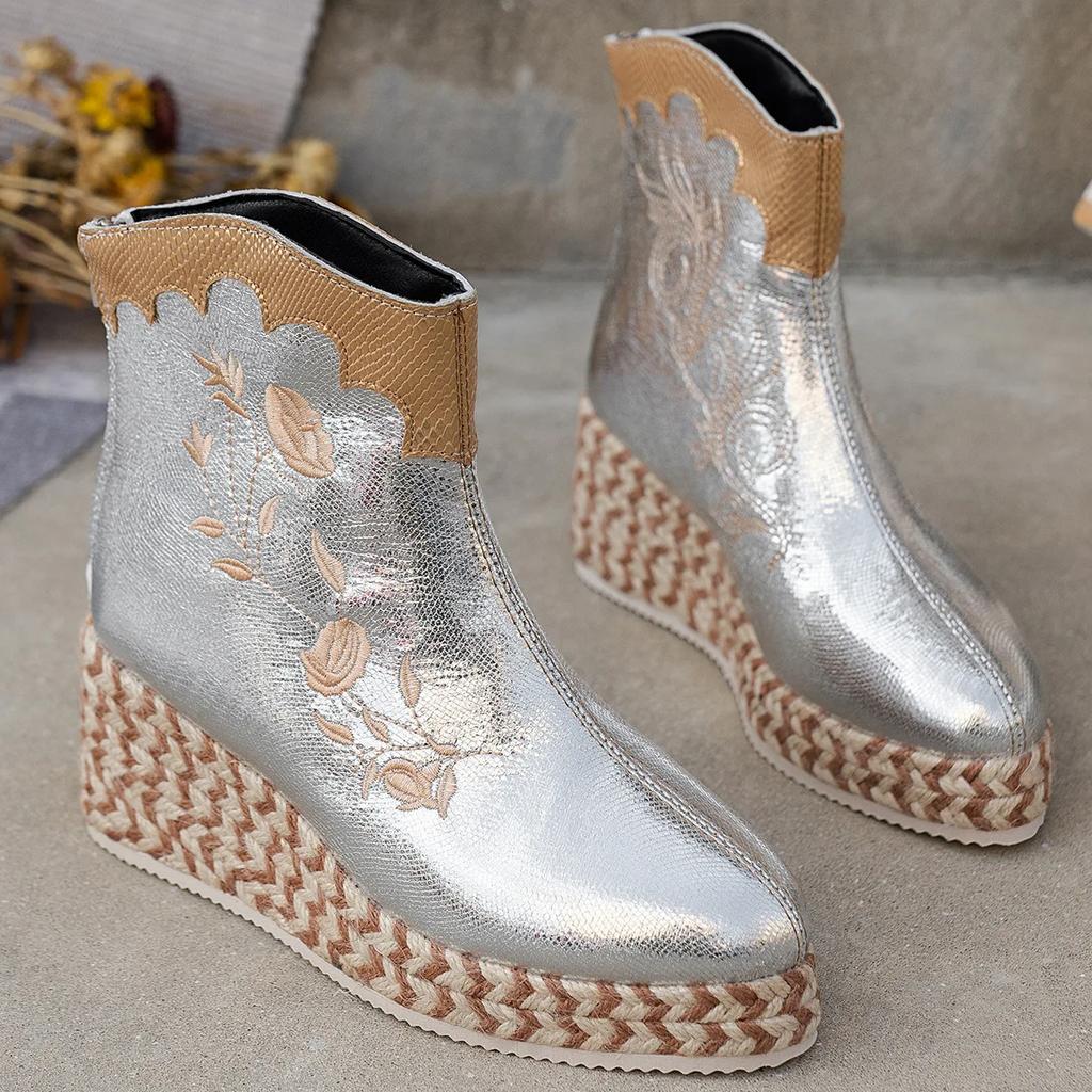 2024 New Autumn Brand New Fashion Embroidery Mid Calf Boots for Women Wedge Platform Retro Ethnic Style High Heels Knight Boots