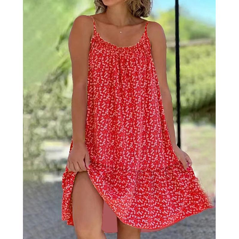 Women's Fashion Sling Dress Summer Casual Sleeveless Oversized Floral Printing Party Loose Dresses Female