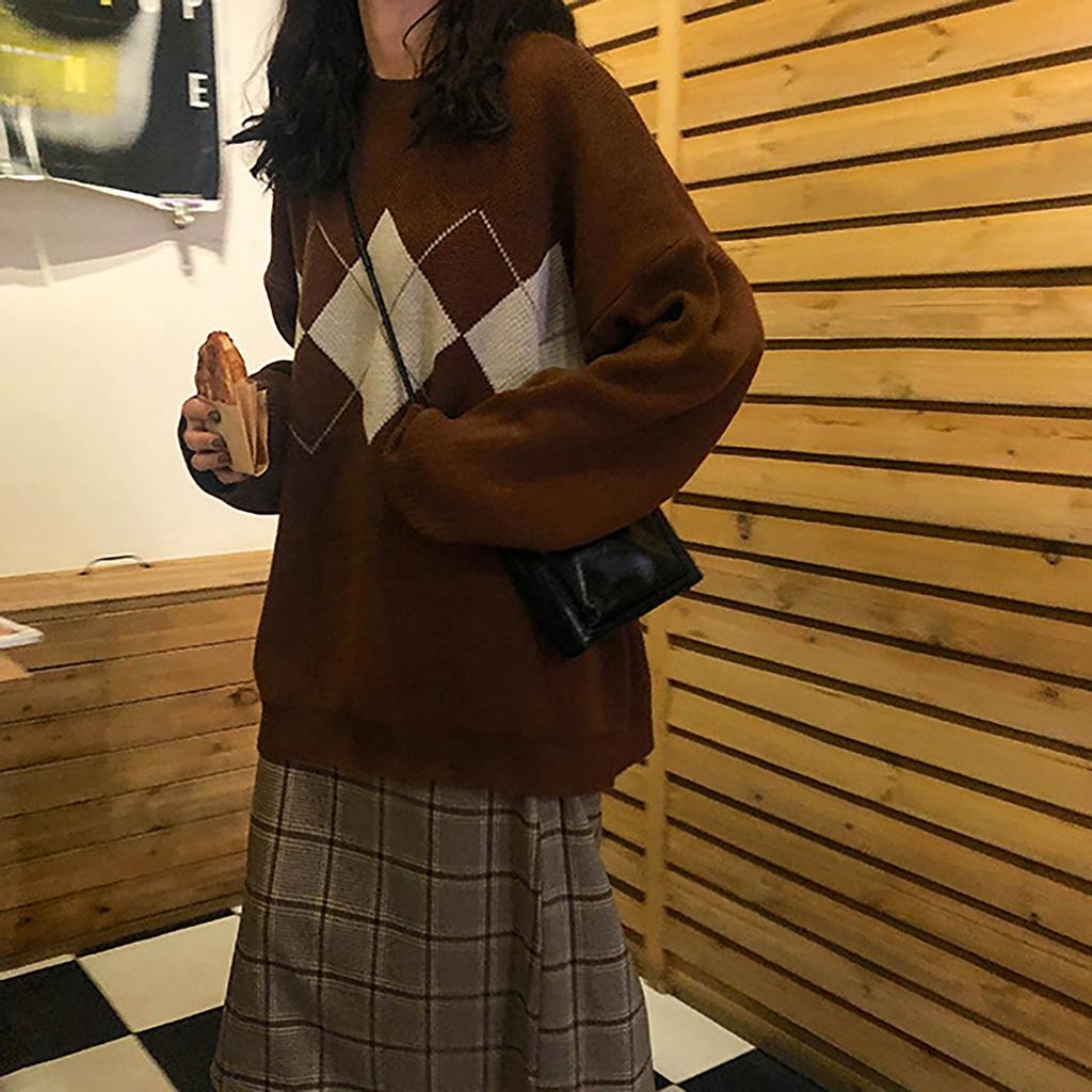 Пуловер-стрик Herbst Winter Innenhof Stil Geometrisches Muster Lose Rundhals