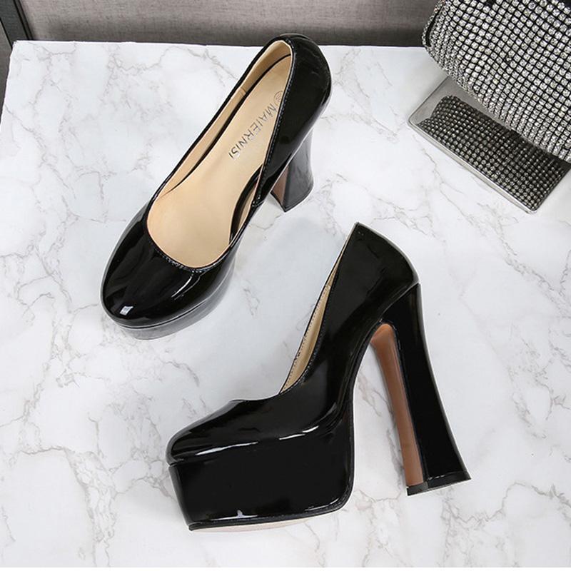 Women's Chunky High Heels Round Toe Pumps 14cm Heel 4cm Platform WZ