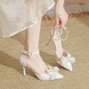Pointed High Heels Large Size Plus Size Wide Women's Shoes Pearl Bow Single Shoes Single Buckle Hollow Sandals