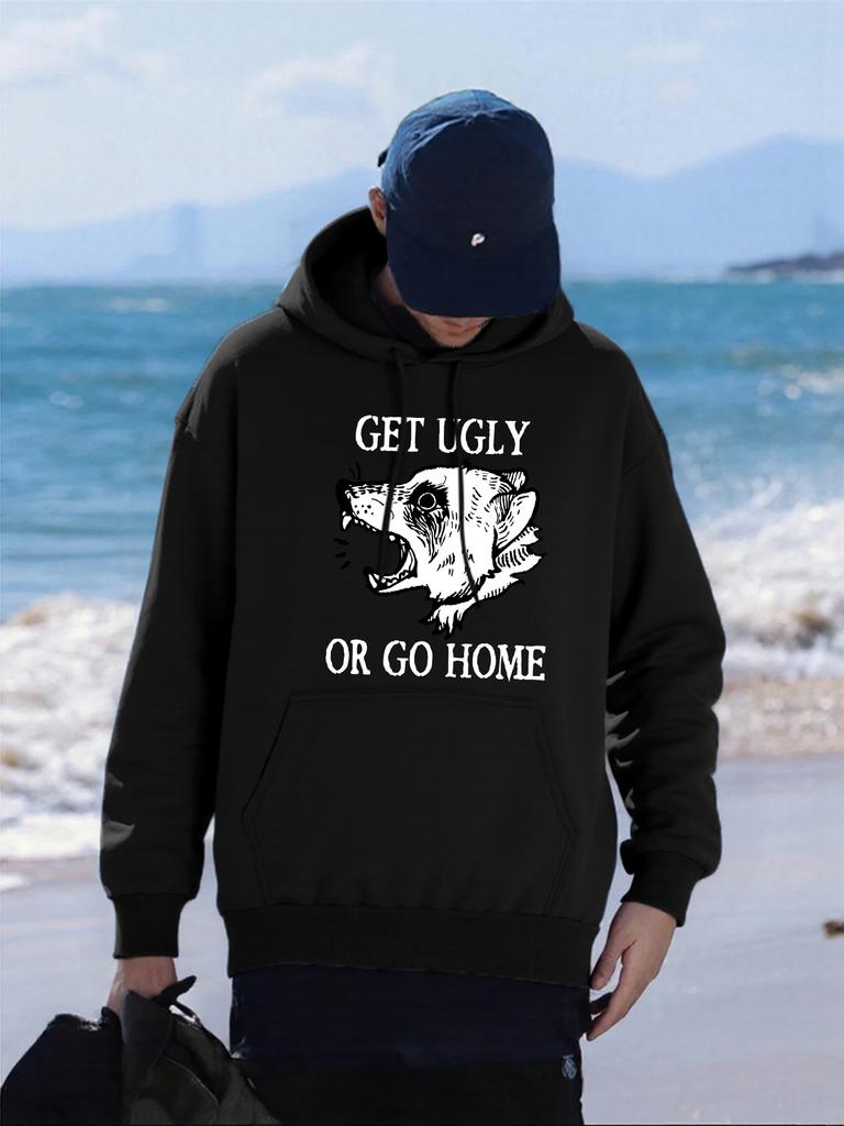 Get Ugly Or Go Home Raccoon Printing Mens Hoodies Autumn Pocket Hoody Fleece All-Match Hoodie Loose Comfortable Male Sportswear