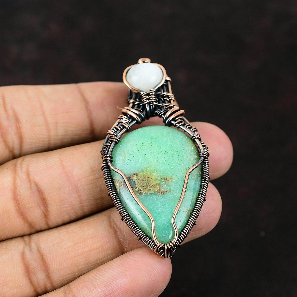 Chrysoprase Copper Pendant Copper Wire Wrapped Jewelry Gemstone Copper Jewelry Rainbow Moonstone Jewelry Gift For Mother Chrysoprase Jewelry