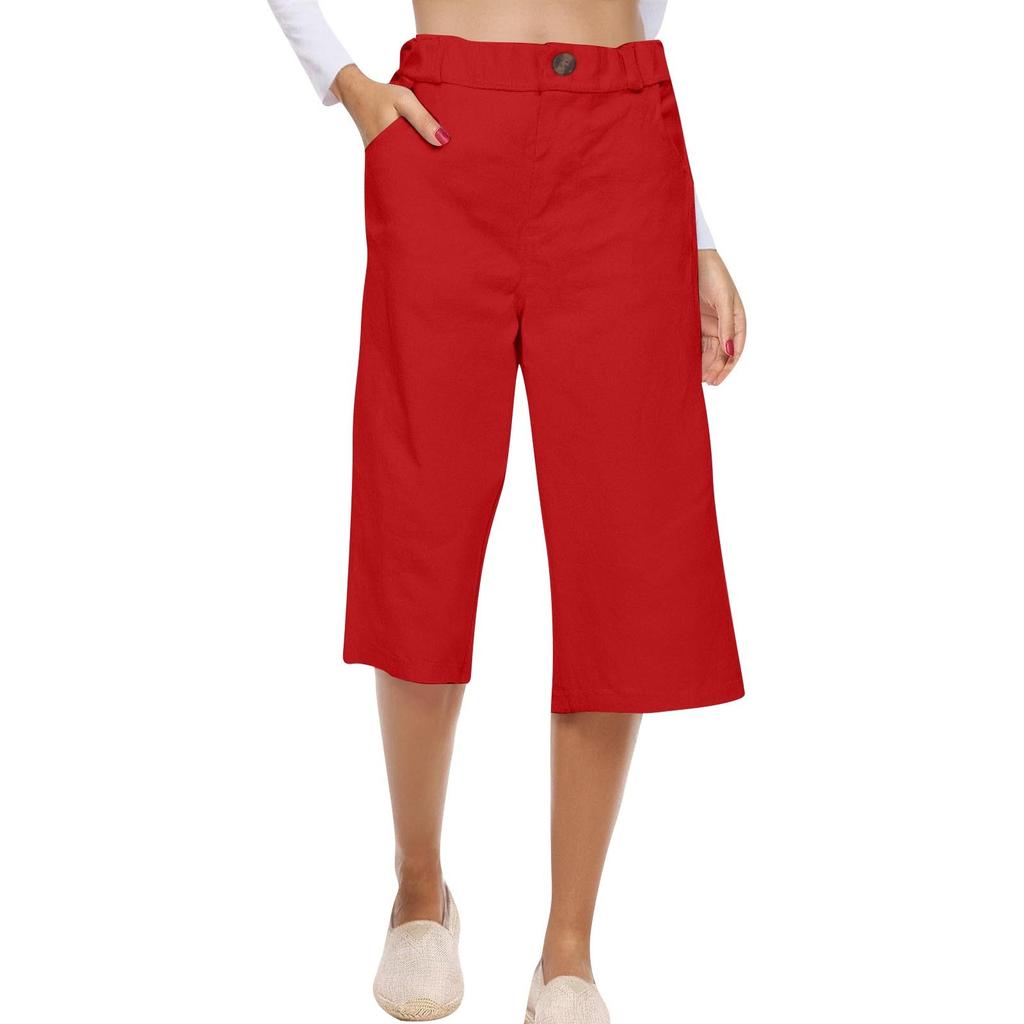 Women's Solid Color Cotton And Linen Fashionable Loose High Waist Cropped Casual Pants