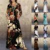 Women's Fashion Graphic Print Maxi Dresse Long Sleeve Loose Floor Length Dress Casual Long Dress with Pocket