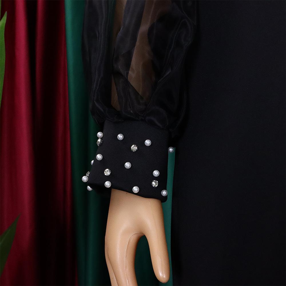 Spring and Autumn Women's Dress Plus Size Temperament Mesh Splicing Beading Loose Dresses