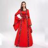 Wish Medieval Retro Hooded Long Dress Square Neck Strap-Up Flared Sleeve Dress Halloween Costume