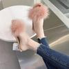 2024 Fluffy Peep Toe Sexy High Heels Women Shoes Fur Feather Lady Fashion Wedding Slip-On Pink Square Toe Women Sandals