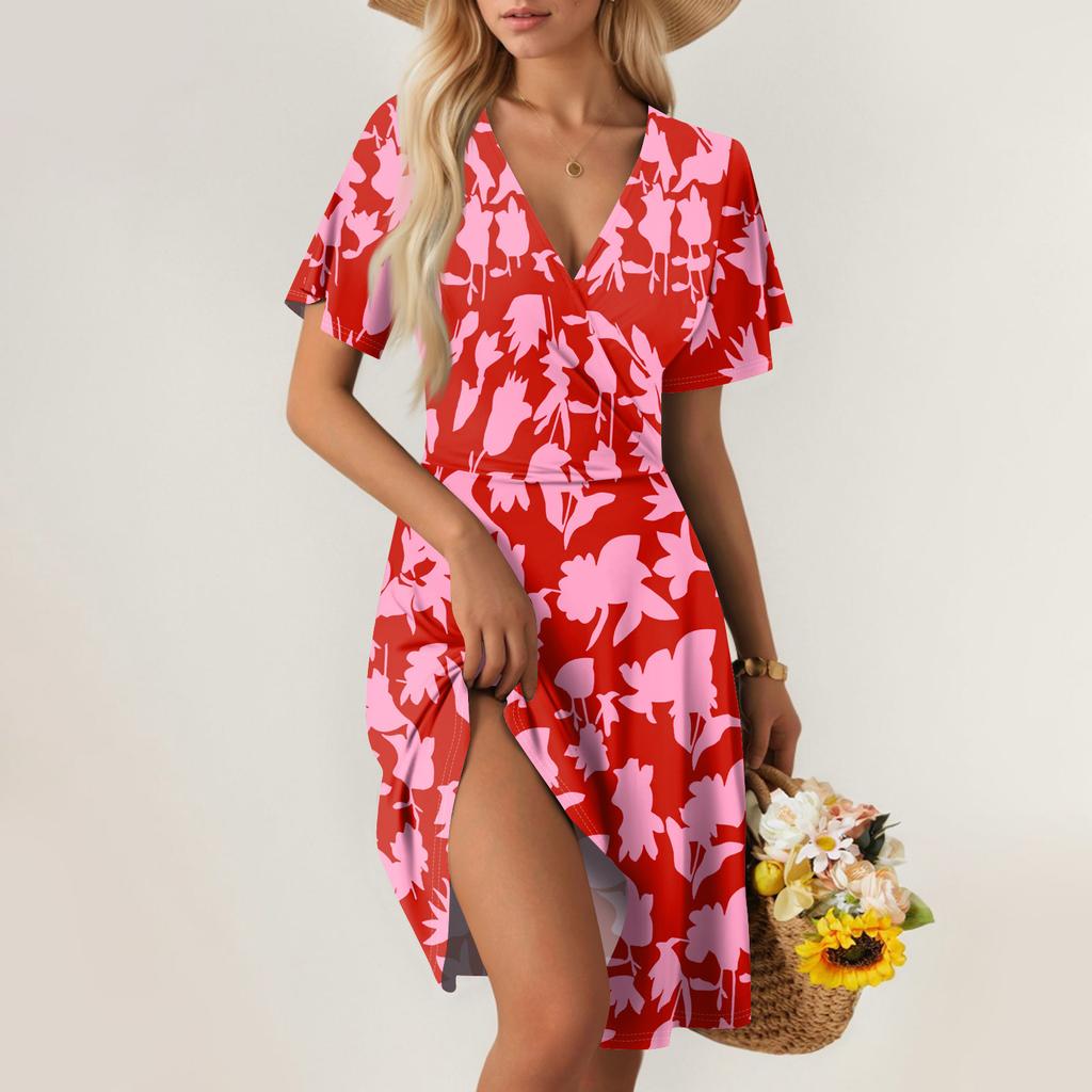 Women's Summer Dress Loose Beach Vacation Casual Deep V Neck Short Sleeve Dress Elegant Dress