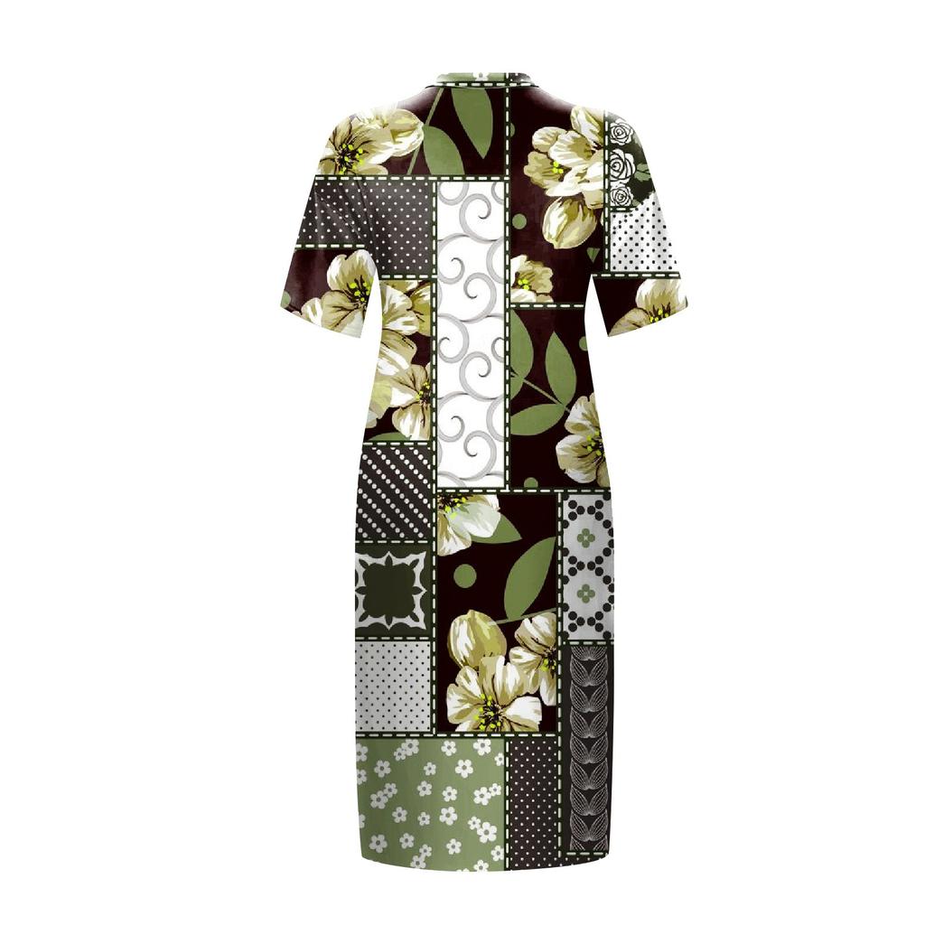 Women's Summer Plus Size V-neck Short Sleeve Print Knee Pocket Casual Dress