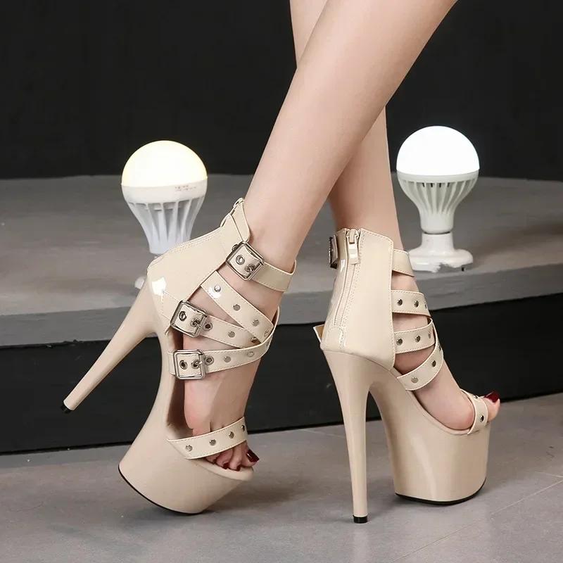 Fashion Summer Nightclub Pole Dancing Shoes Platform Shoes 16.5CM Party Rivet Ankle Strap Sandal Women Model Extreme High Heels Sandals