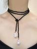 1pc Luxury Beaded Black Crystal Asymmetrical Pendant Necklace, Long Layered Baroque Pearl Choker For Women
