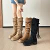 Autumn 2025 Retro Wasteland Fringed Knight Boots Thick Heel But Knee Long Boots Slim Pile Medium Boots Women