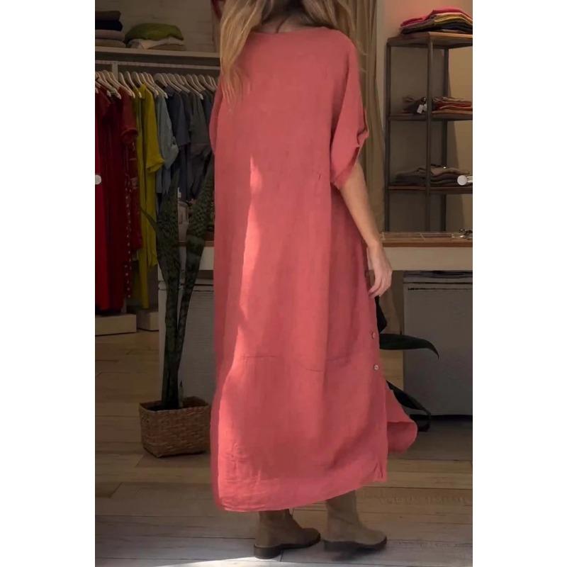 Women's Summer Style Loose Casual Solid Color Short-sleeved Cotton Linen Dress
