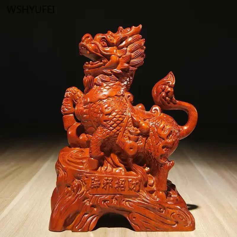 2PCS Solid Wood Carving Simulated Kirin Decoration Office Crafts Housewarming Sculpture Attract Wealth FENG SHUI Home Decor
