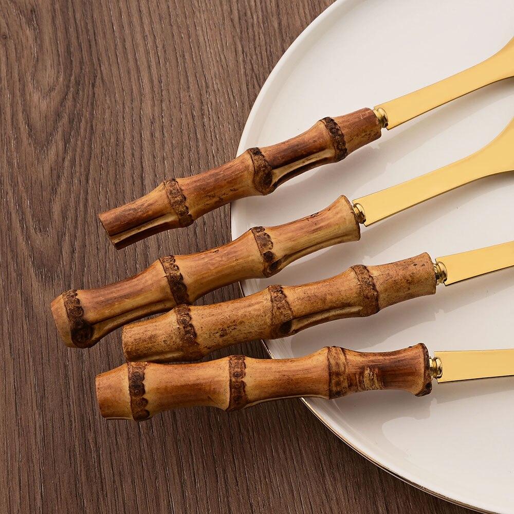 2Pcs Serving Utensils Cutlery 304 Stainless Steel Big Fork and Spoon with Natural Bamboo Handle Food Serving Salad Spork Server Spoon Tableware Set