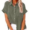 Cotton Linen Shirt Women's Casual Lapel Short Sleeve Blouse Top Summer Solid Color Single Breasted Shirts