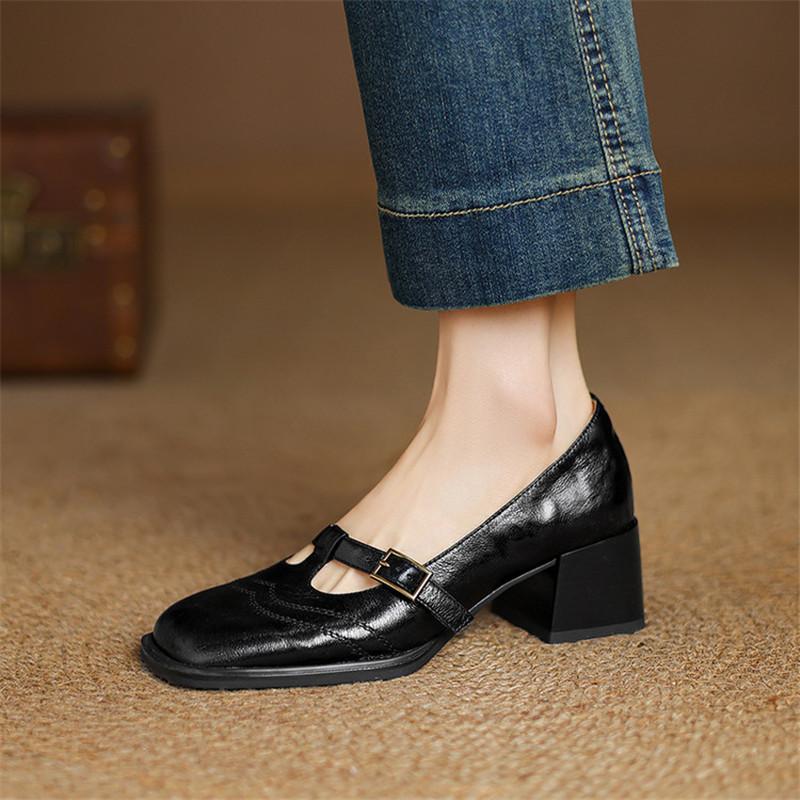 Fashion New Spring/summer Genuine Leather Mary Jane Shoes for Women Fashion Square Toe Shoes High Heels Women Pumps Chunky Heel Black