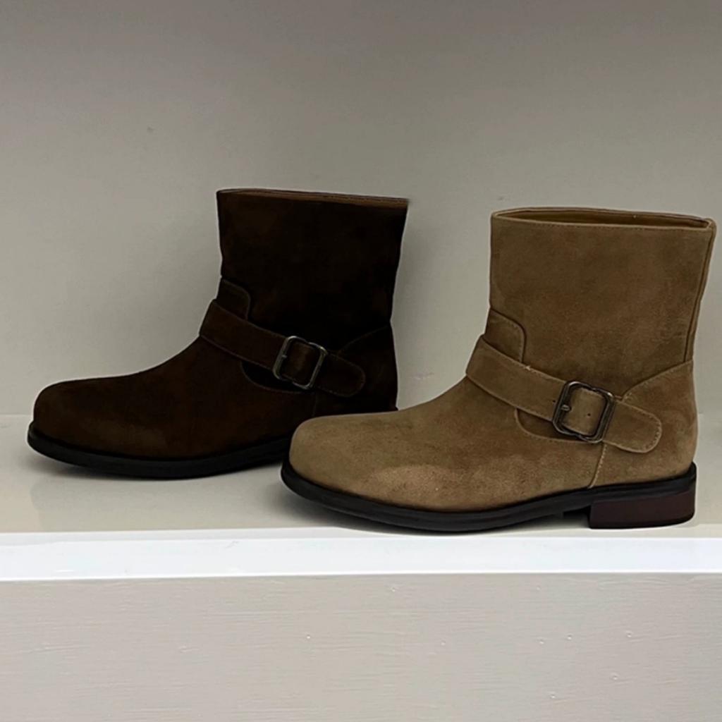 Sheepskin Version~ Retro Suede Matte Round Head Thick Heel Belt Buckle Short Boots Women's 2025 Western Cowboy Boots Martin Boots