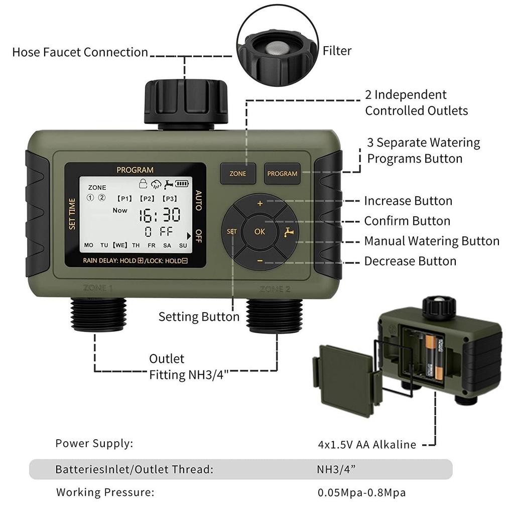 Diivoo 2 Zone Automatic Watering Timer Garden Irrigation Controller Outdoor With LCD Dispaly Waterproof Programmer for Lawn