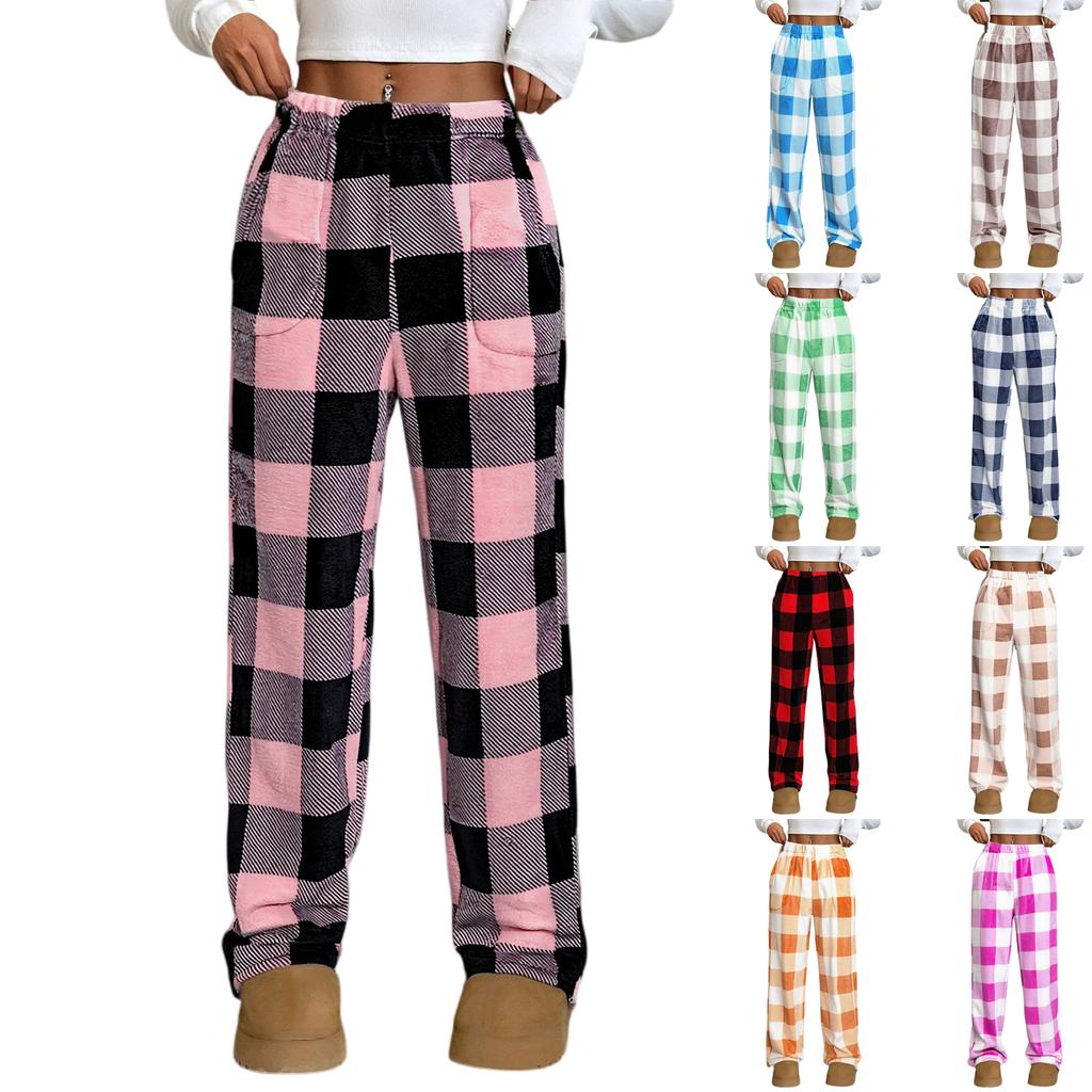 Women Pajama Pants Plush Sleep Pants Soft Elastic Waist Pajama Bottoms Plaid Pants With 2 Pockets