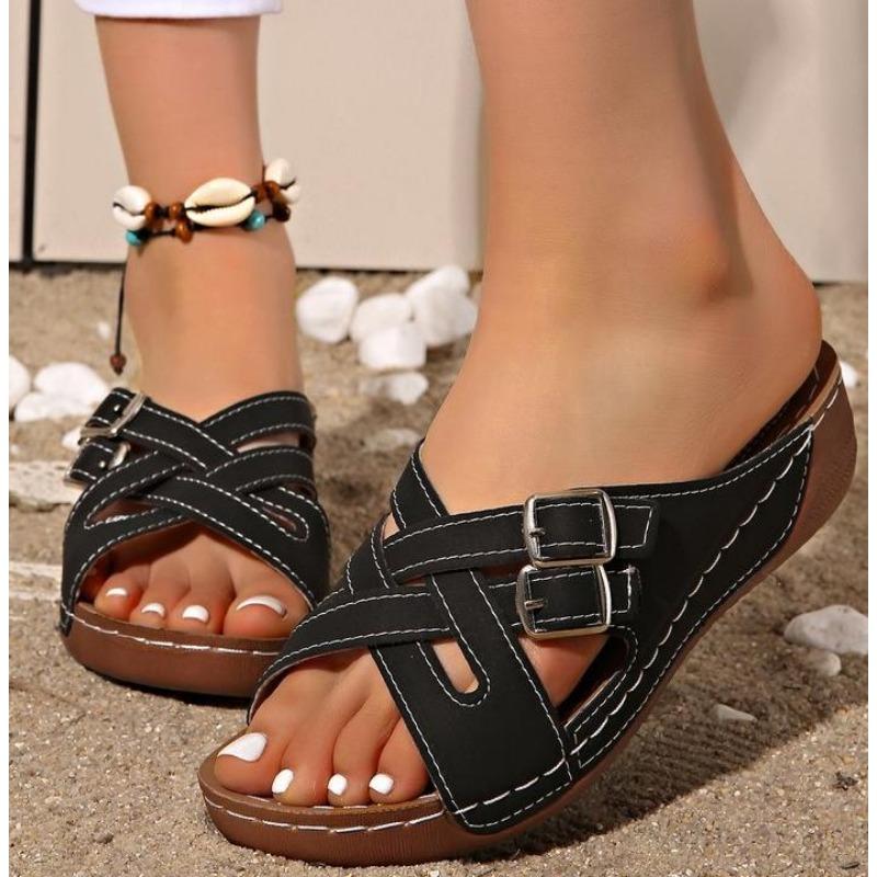 Cross Straps Platform Slippers Women Comfort Double Buckle Wedge Sandals Woman Summer 2025 Anti Slip Casual Beach Shoes