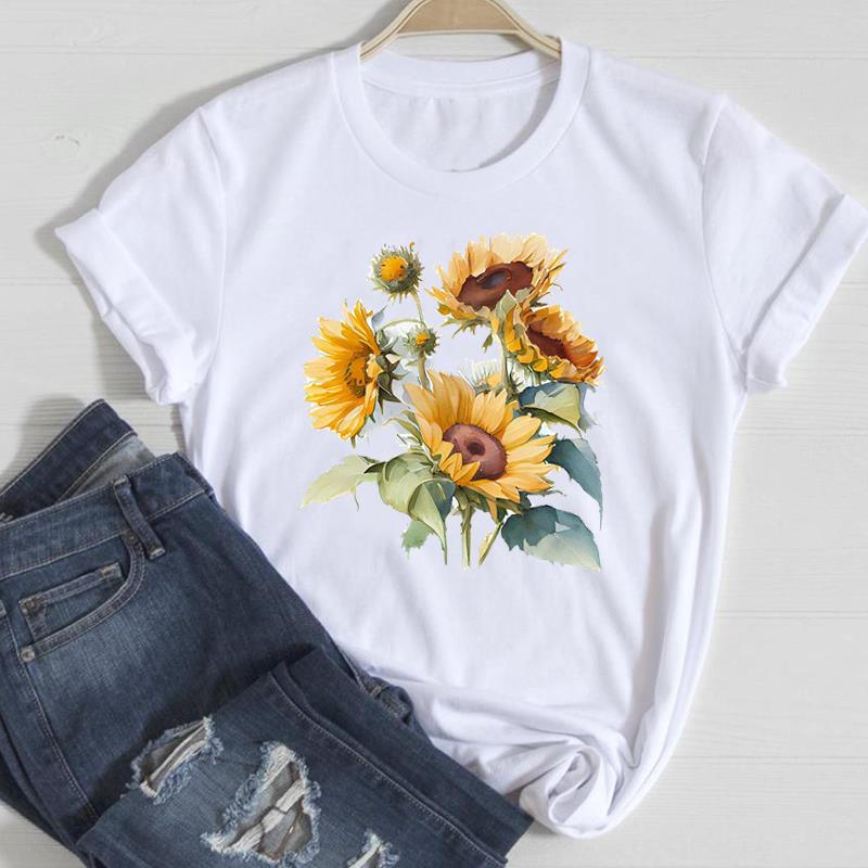 (Asian Size) Women Print Flower Sunflower Trend Cute Style Trend Tee Top Clothing Fashion Tshirt Lady Female Casual Short Sleeve Graphic T-shirt
