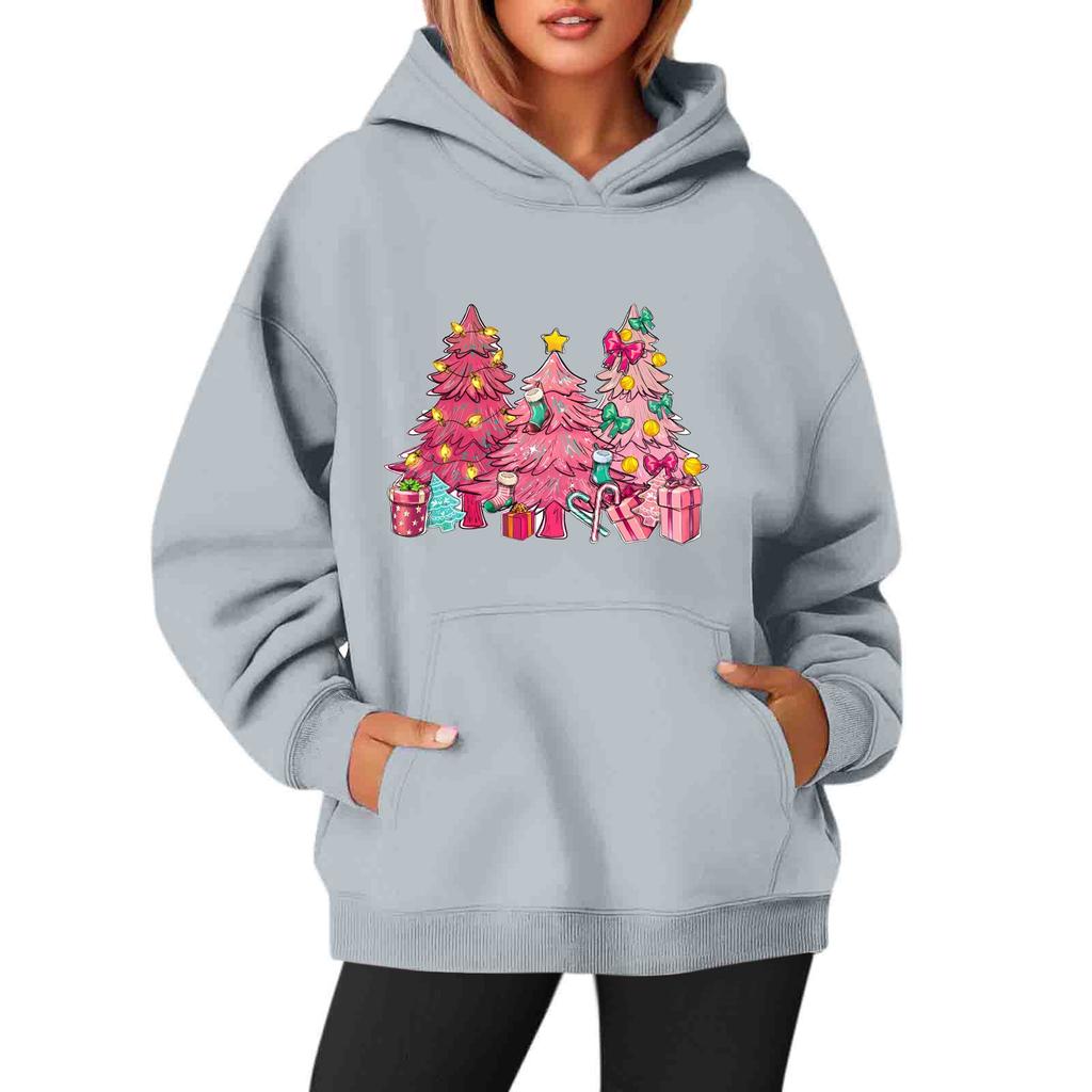 Women's Sweatshirts O-neck Long Sleeve Christmas Printed Top Solid Color Hoodie