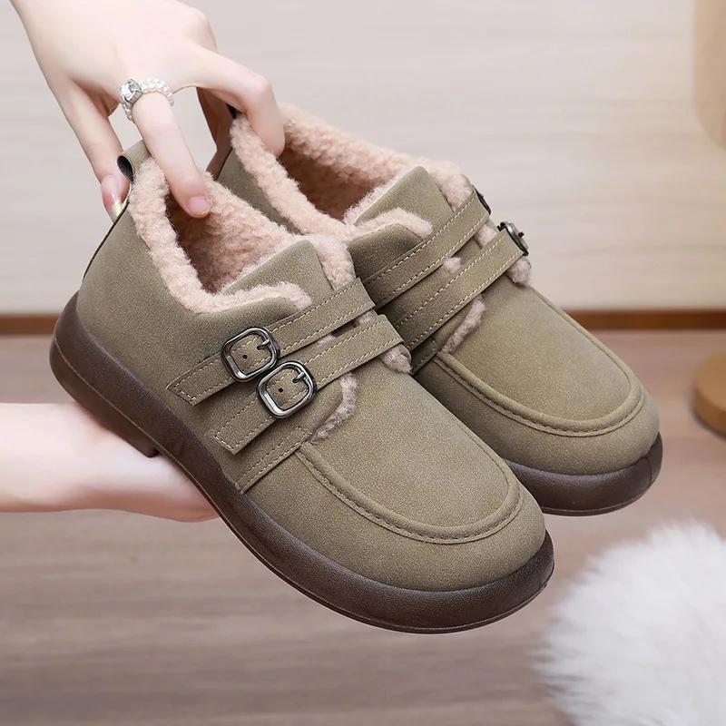 Fashion Woman Casual Cotton Boots Solid Color Comfortable Fur Loafers Women Winter Warm Footwear Female Double Buckle Plush Flat Shoes