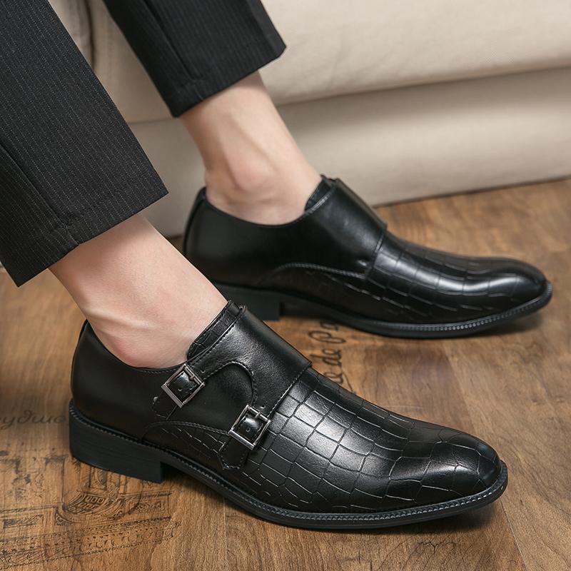 Men Fashion Casual Monk Shoes Classic Men Dress Shoes Leather Shoes Male Plus Size 38-46 Crocodile Pattern Business Formal Shoes