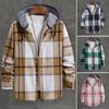 Men Spring Autumn Hooded Drawstring Shirt Coat Long Sleeve Plaid Print Solid Color Patchwork Color Single Breasted Casual Coat