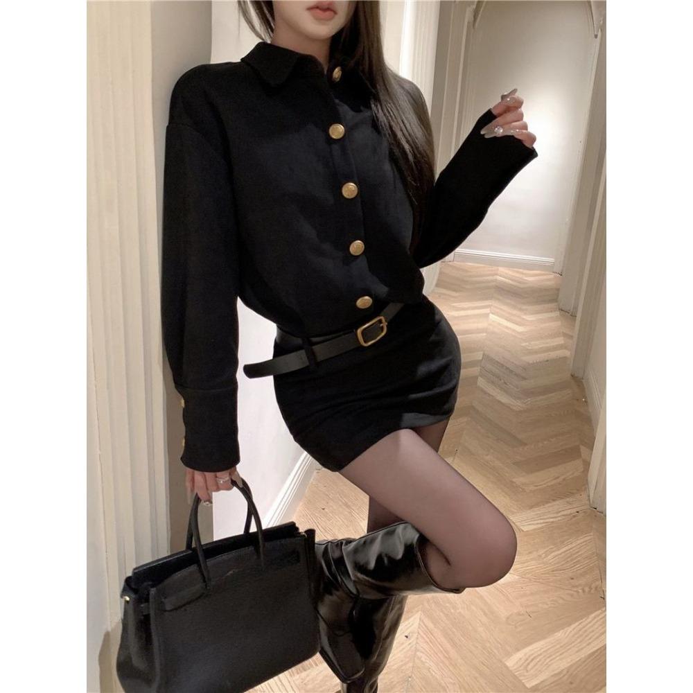 Polo Collar Loose Deerskin Velvet Long-sleeved Dress Women  Autumn New Korean Solid Color Casual Mini Dress with Belt