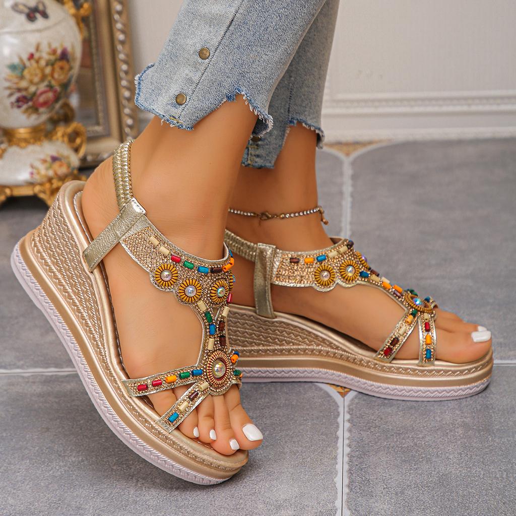 Fashion Women's Colorful Beaded Bohemian Wedge Sandals Thick Sole Non Slip Summer Beach Shoes Woman Retro Flower Chunky Platform Sandals