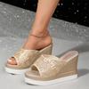 Bling Print Women Wedges Slippers High Heels Sandals Summer 2024 Slingback Platform Shoes Open Toe Flip Flops Pumps Femme Slides