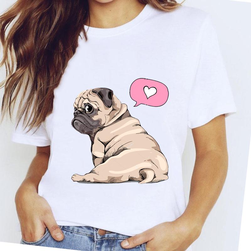 Women Printing Short Sleeve Tshirt Dog Pug Love Cute Casual Fashion Clothes  T Tee Top Print  Female Clothing Graphic T-shirt