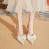 Spring and Summer New Bow Rhinestone Pointed Half Slippers Femininity Wear Sandals Stiletto High Heels