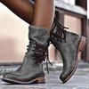 Women Boots Retro Motorcycle Boots Female Pu Leather Shoes Rivet Block Lace Up Fashion Low Heel Mid Calf Boots Plus Size