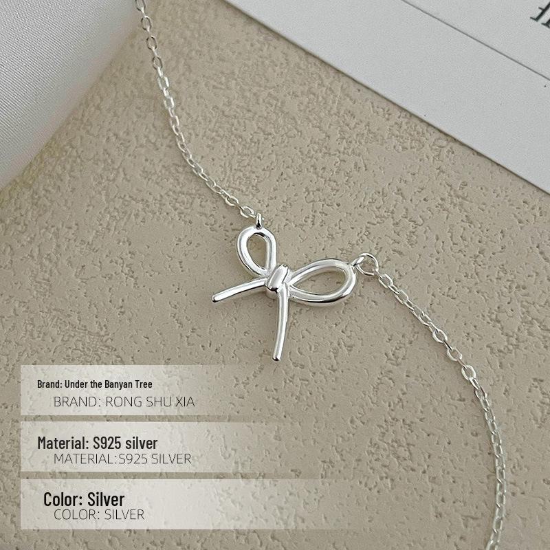 Banyan Tree S925 Silver Bowknot Necklace - Sweet Korean Style Clavicle Chain for Women