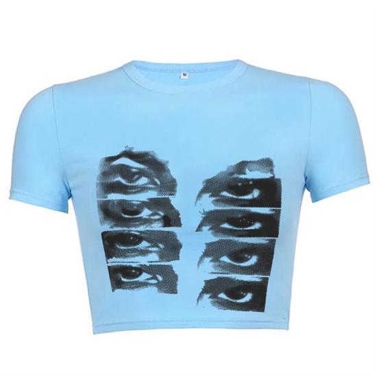 Vintage Short-sleeved T-shirt Female Y2k Aesthetic Graphic Eye Print Crop Top Streetwear Harajuku O-neck Gothic Tee Slim