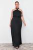  Women's Plus Size Dress Black Halter Neck Satin Maxi Long Plus Size Dress