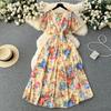Seaside Holiday Sle Printed Chiffon Dress Women Summer New V-neck Waist Hugging Slimming Mid-Length Large Swing Skirt Fashion
