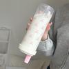 Pink Bow Print Water Bottle with Straw Lid 700ml Cute Tea Cup Portable Milk Juice Container for Outdoor School Travel