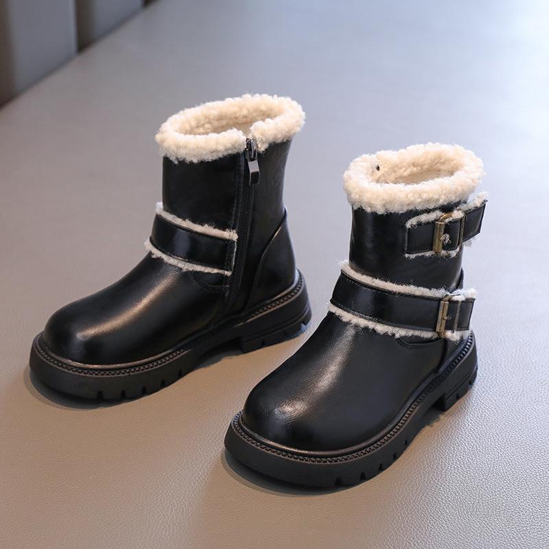 Girl Platform Black Leather Boots Simple Chic Winter Boots for Children Fashion Causal Versatile Kids British Style Cotton Boots