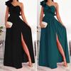 Lady Evening Dress One Shoulder Ruffle Pleated High Waist Solid Color Sleeveless A-line Big Hem Prom Cocktail Party Maxi Dress Ball Gown